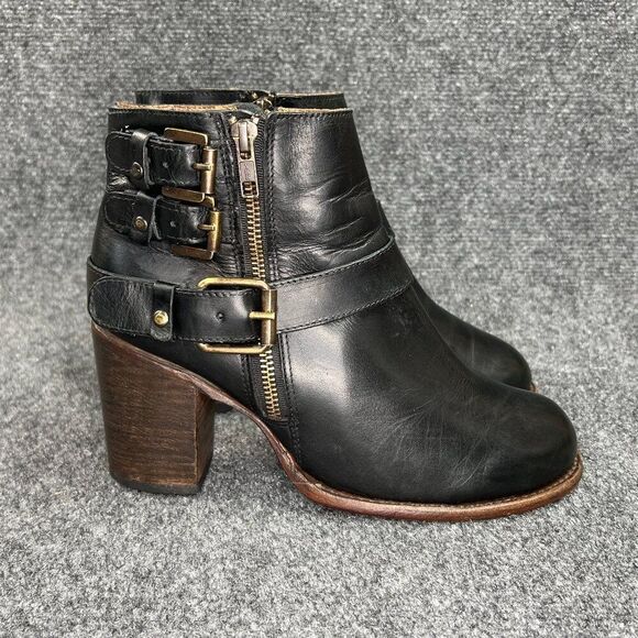 Freebird Bolo Ankle Boots Women's 8 Black Leather Dual Zip Buckle Moto Booties - Picture 1 of 14